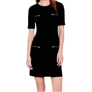 J. Crew Black  Mod Shift Mini Dress. Gold zippers on Chest and Hips. Size 2.